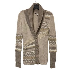 BKE Boutique Wool Blend Tan Cream Metallic Gold Lace Button Cardigan Sweater